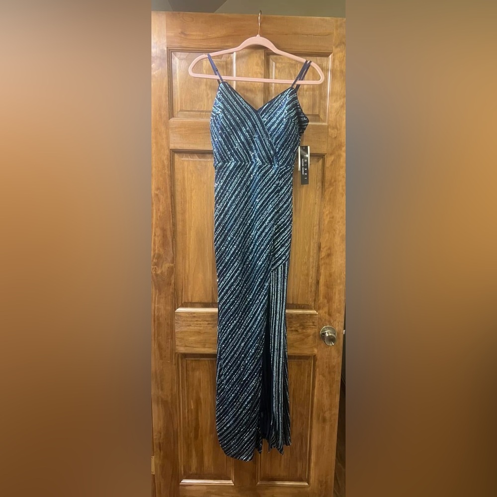 Trixxi Blue Ruched Asymmetrical Gown